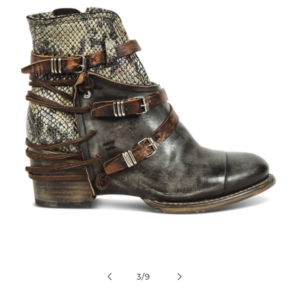 Freebird “Crue” Olive Multi Distressed Leather Ankle Boot with Snake-Print, Sz 7